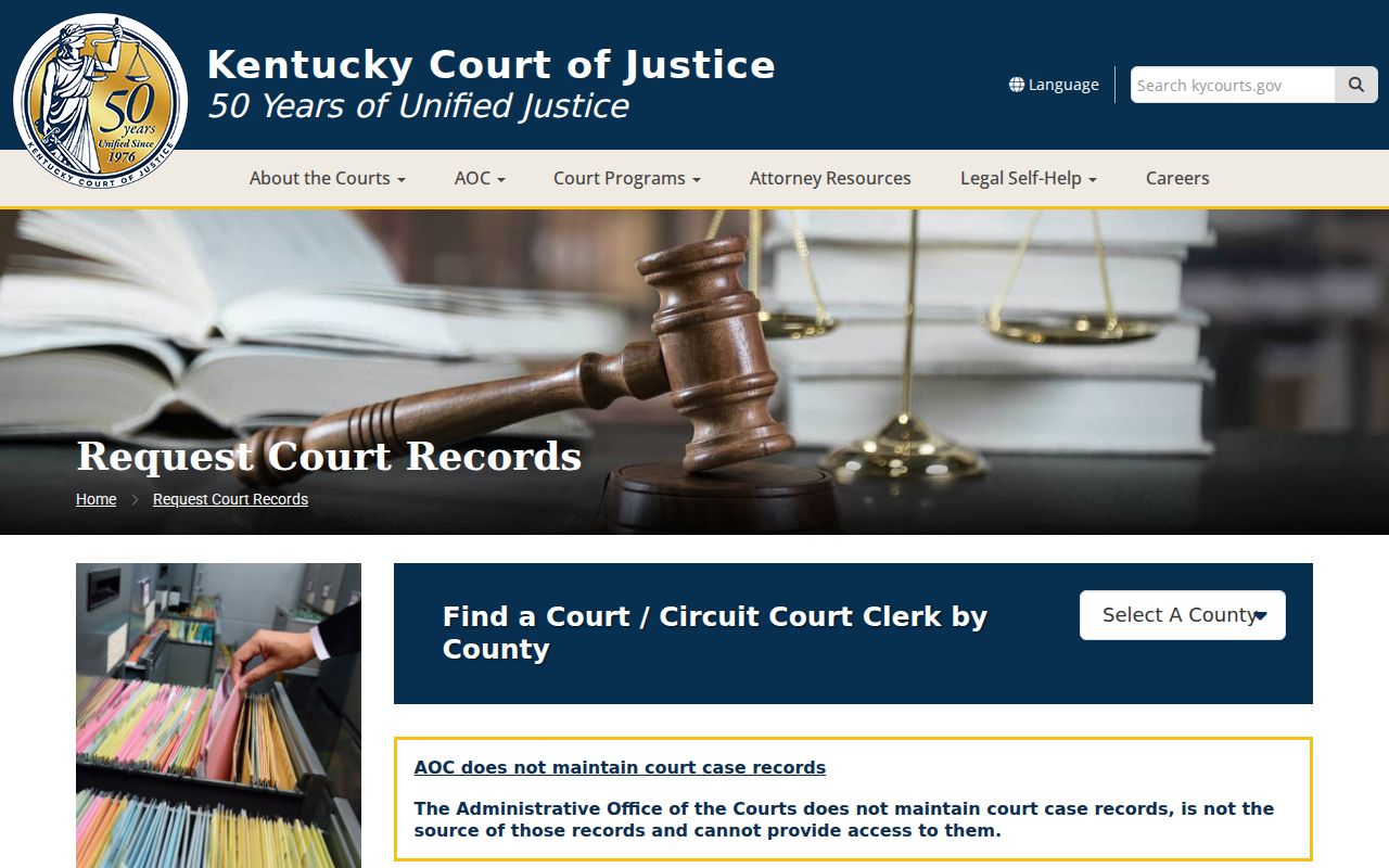 Kentucky Court of Justice court records request page used for Richmond court files