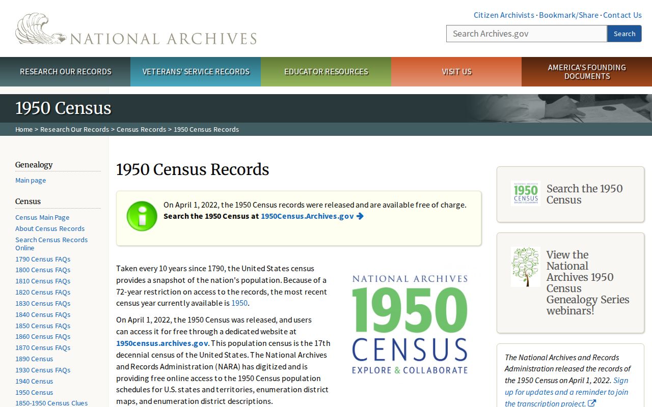 National Archives 1950 census research page for Richmond family history