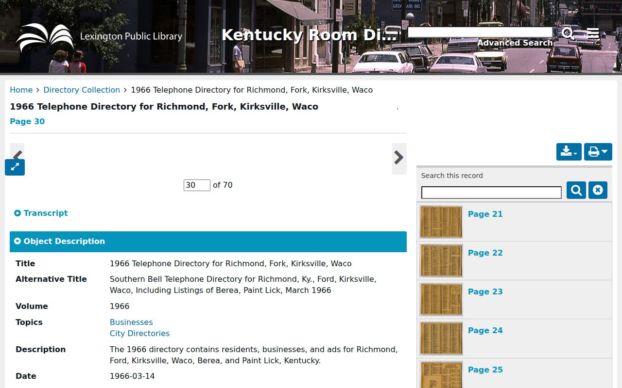 Lexington Public Library viewer for the 1966 Southern Bell Richmond telephone directory