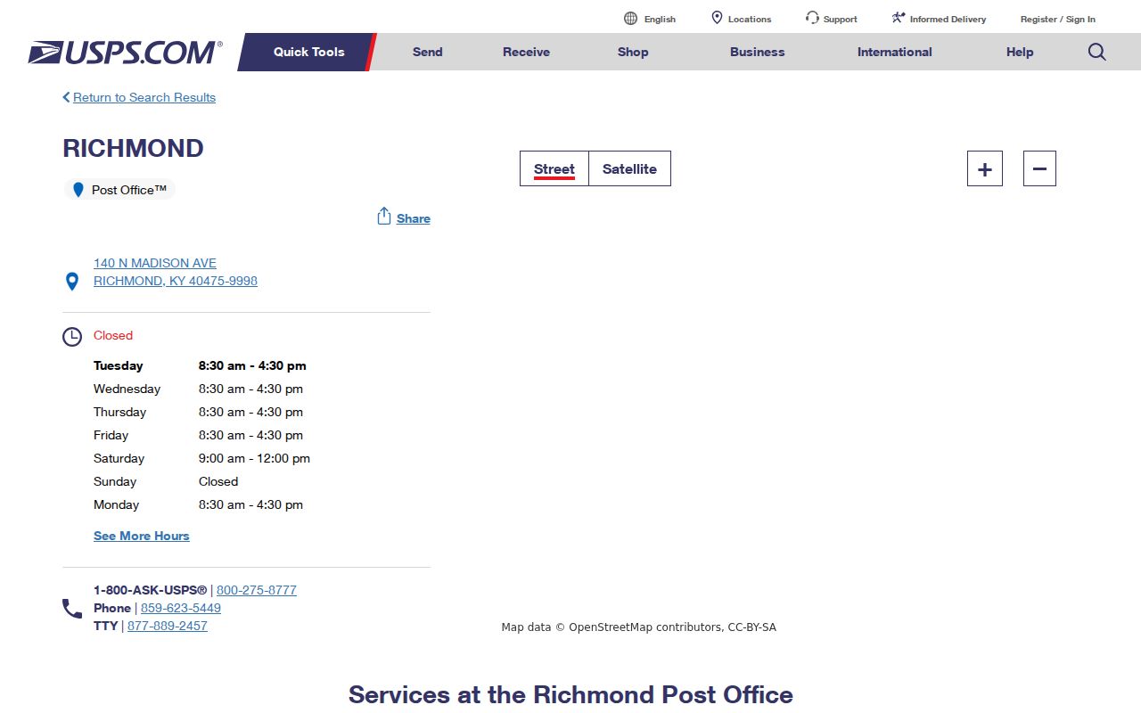 Official USPS listing for the Richmond Post Office